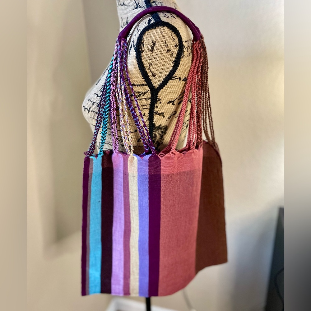 ARTISAN : Handwoven Mexican Tote Bag Boho Colorblock Market Beach Bag NWOT - Picture 2 of 9